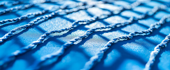 Close-up image of blue rope strands on a textured surface with visible shadows and highlights. This photo represents a detailed, abstract perspective of woven fabric or netting.