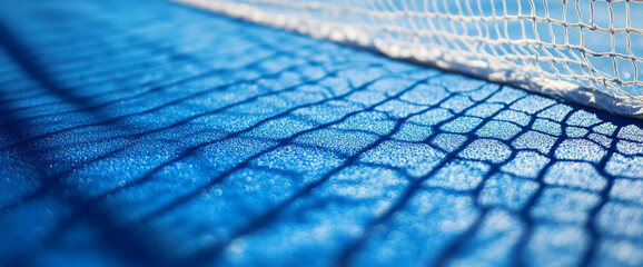Close-up of a blue tennis court net, with a detailed view of the netting casting shadows on the court surface. This photo represents sports, competition, and the energy of a game.