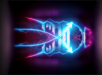 Fototapete - Abstract neon lines in blue and pink create a futuristic tech design with a central arrow, glowing on a dark backdrop.