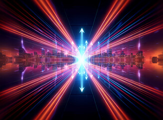 Poster - Futuristic perspective view with vibrant light streaks converging to a bright central point. Upward arrows direct focus amidst a reflected cityscape.