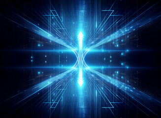 Leinwandbilder - Futuristic blue lines converge in a glowing center, creating a dynamic abstract design. It evokes a sense of technology and digital space.