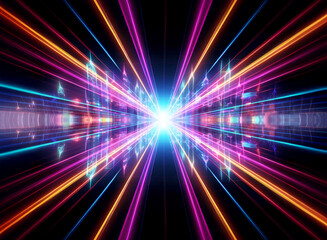 Poster - Bright light bursts at center, radiating vibrant orange, pink, and blue lines, creating an abstract tunnel effect with depth and perspective.