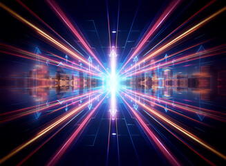 Wall Mural - Abstract digital artwork featuring vibrant, symmetrical lines converging towards a bright central light source.  The image evokes a sense of futuristic technology and dynamic energy.