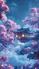 Canvas Print - Nighttime Asian temple, cherry blossoms, cloudscape, fantasy, phone wallpaper