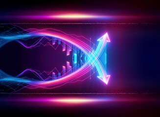 Fototapete - Abstract digital art with glowing neon light trails in blue and pink colors forming a cross shape against a dark backdrop with horizontal orange lines.