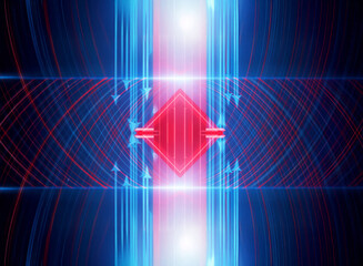Aufkleber - A vibrant abstract image featuring a glowing red diamond shape at the center, surrounded by dynamic blue and red lines converging and radiating outwards, creating a futuristic and technological feel.