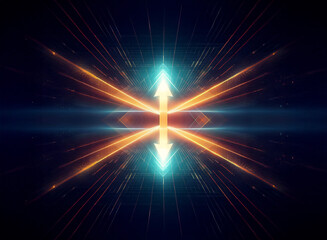 Fototapete - A vibrant digital convergence with radiating orange and blue lines emanating from a central point with bright arrows on a dark backdrop, creating a dynamic abstract design.