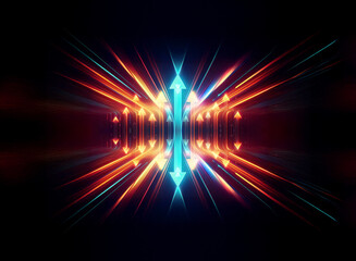 Poster - Abstract symmetrical design featuring vibrant beams of orange, red, and blue light emanating from a central point on a dark backdrop.  Dynamic and energetic visual with a futuristic feel.