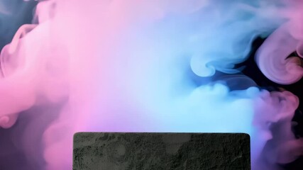 Wall Mural - 4K animation featuring soft pastel neon smoke swirling gracefully concrete stone podium creating abstract atmosphere perfect product presentation visuals