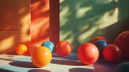 Wall Mural - 3d rendering of a brightly lit room with balls. the balls are red, blue, and yellow and they are sca