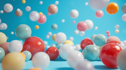 Wall Mural - 3d rendering of a blue background with a lot of randomly colored balls of different sizes.