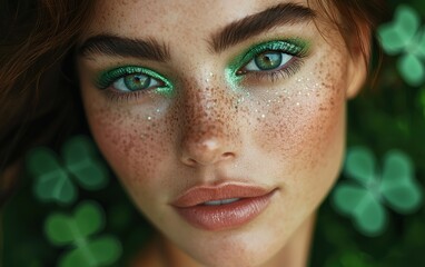 Wall Mural - Close-up portrait of a beautiful woman with emerald eyeshadow and freckles on shamrock background