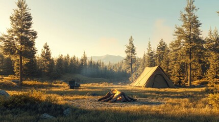 Poster - Camping in serene forest with tent and campfire during golden hour in tranquil location. Generative AI