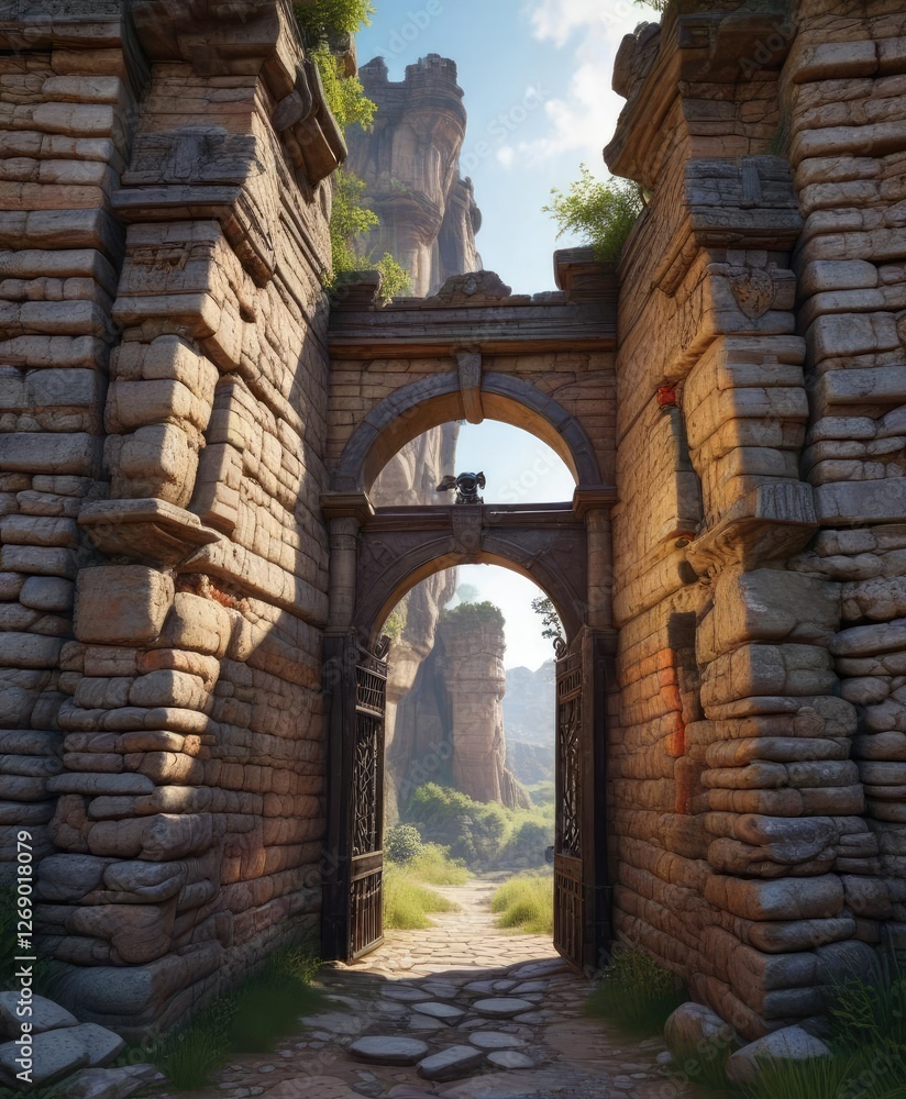 Drone scanning ancient walls with ancient stone gates, methodius ...