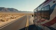 © IbragimovN - Adventure journey in a colorful rv along a desert highway with mountain views