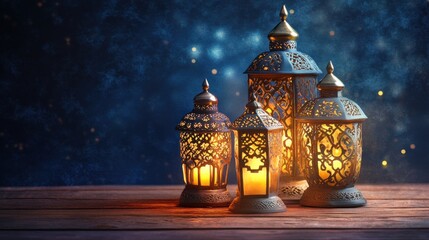 Wall Mural - A collection of ornate lanterns glowing warmly against a dark, starry background.