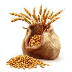 Wall Mural - Sack of grain with golden wheat spilling out isolated on white