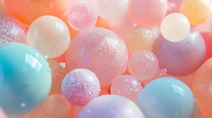 Wall Mural - amazing 3d rendering of a bunch of pastel-colored balls with glitter floating in a pink liquid.