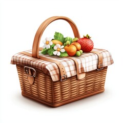 Wall Mural - Small wooden picnic basket with fresh fruits and flowers isolated on white