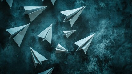 Fototapete - Group of paper planes flying together with one pointing in a different direction showcasing unique ideas and creativity. Generative AI
