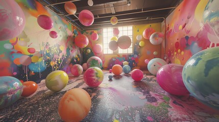 Wall Mural - a colorful and whimsical photograph of a room filled with large, brightly colored balls.