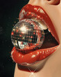 © Saturday - A close-up pop art illustration of shiny red lips gently biting a metallic disco ball