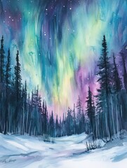 Poster - Vibrant aurora borealis glows over snowy landscape with tall evergreen trees at night in winter. Generative AI