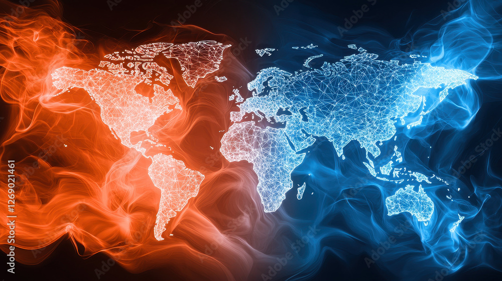 Global network map with fiery red and cool blue tones, representing AI ...