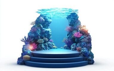 Wall Mural - Underwater-themed podium with glowing corals and deep blue ocean lighting, isolated on white