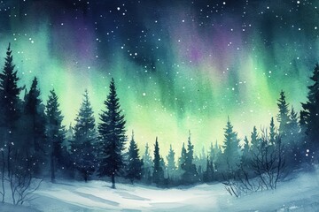 Aufkleber - Majestic northern lights illuminate a snowy forest landscape on a clear winter night with vibrant colors and serene atmosphere. Generative AI