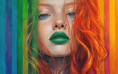 Canvas Print - Close-up portrait of a red-haired woman with green lipstick on a rainbow background