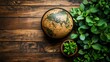 © ACE STEEL D - Vintage Globe and Lush Greenery on Rustic Wooden Background Global Sustainability Concept