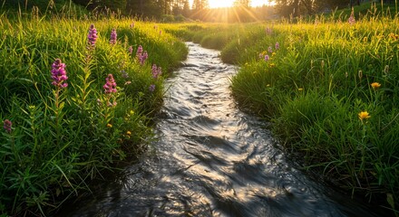 Wall Mural - Serene sunrise overflowing creek with wildflowers in lush meadow