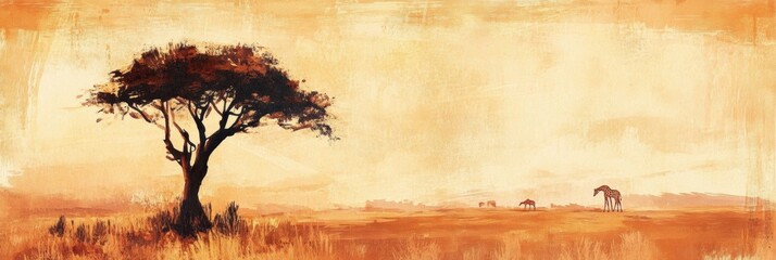 Poster - Sunset over savanna with acacia tree and grazing giraffes in serene landscape of African wilderness. Generative AI