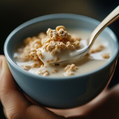 Wall Mural - hand holding a spoon full of cereal covered in creamy milk