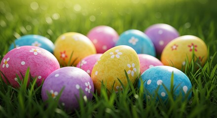 Colorful easter eggs in green grass with sunlight and flowers in springtime celebration