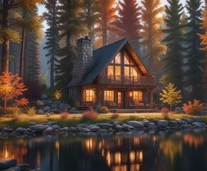 Sticker - Cozy cabin by the lake with lit fireplace and trees outside , warm, cozy