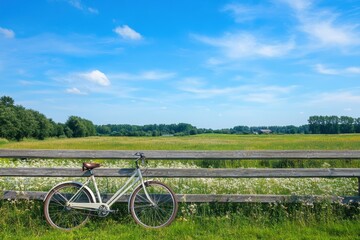 Poster - Bicycle parked near a wooden fence in a scenic landscape under a clear blue sky. Generative AI