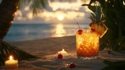 Wall Mural - , Mai Tai with pineapple and cherry garnish on a sandy beach