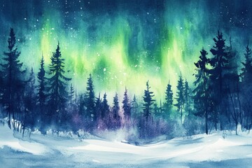 Aufkleber - Aurora borealis dances over snowy landscape with evergreen trees under a starry sky at night. Generative AI