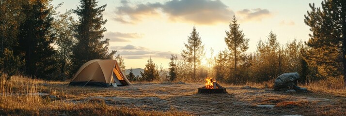 Poster - Campfire glowing warmly beside tent at sunset in serene forest surroundings. Generative AI