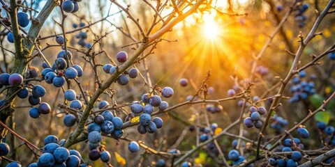 Wall Mural - Dense thicket of brambles and blackthorn with sunlight peeking through, forest, woodland surroundings