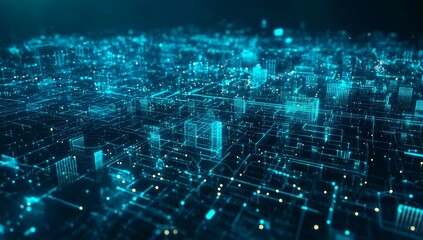 digital city network, glowing nodes, data flow, futuristic cityscape, tech background, website banne