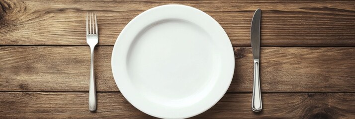 Aufkleber - Empty white plate with knife and fork ready for a meal on rustic wooden table in cozy dining setting. Generative AI