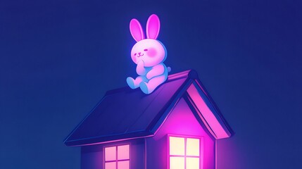 Wall Mural - Nighttime bunny atop glowing house, dark sky, 3D render, children's book