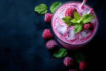 Wall Mural - Refreshing Raspberry Smoothie with Mint and Ice on Dark Background for Beverage Design