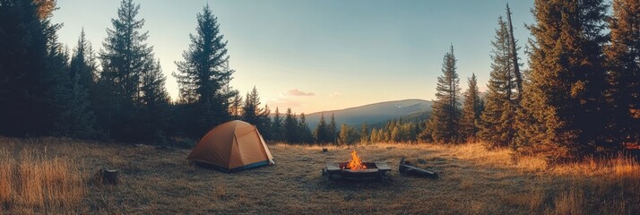 Fototapete - Camping at sunset with a tent and campfire in a tranquil forest setting. Generative AI