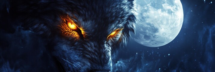 Poster - Dark wolf with glowing eyes under full moon in a mysterious night landscape. Generative AI