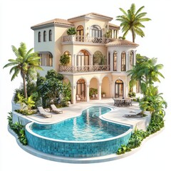 Wall Mural - Luxury villa with an infinity pool and palm trees, isolated on white