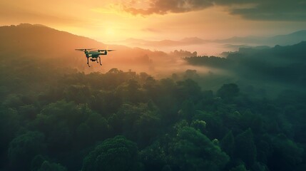 Wall Mural - a scenic drone flying above a forested valley at sunset.